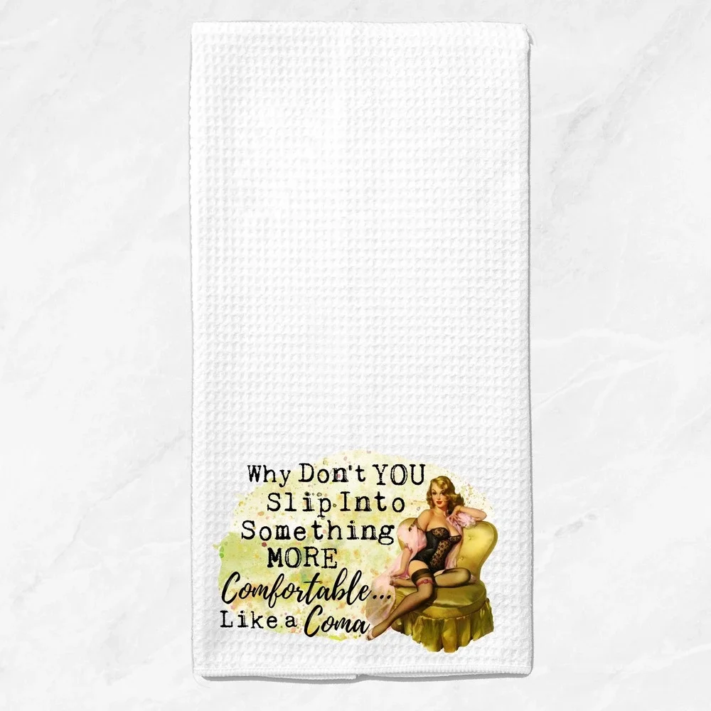 Vintage Pin Up Girl Waffle Weave Kitchen Towel White Sarcastic Coma Humor
